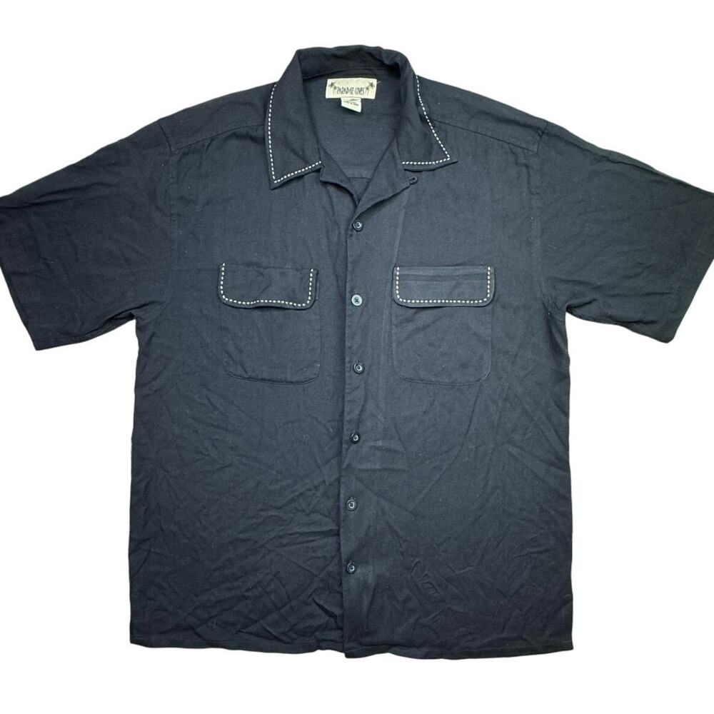 Paradise Cove 100% Silk Mens‎ Button Up Shirt Black white stitch Medium resort
